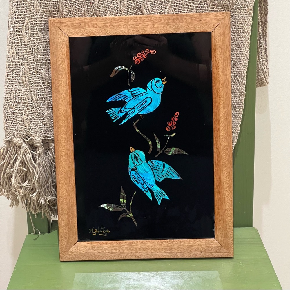 Vintage Framed Tinsel Foil Folk Art Blue Birds on Branch